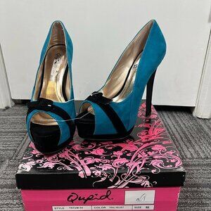 Qupid Tatum 47 teal velvet Ruched peep toe Platform Pumps  Sz 8